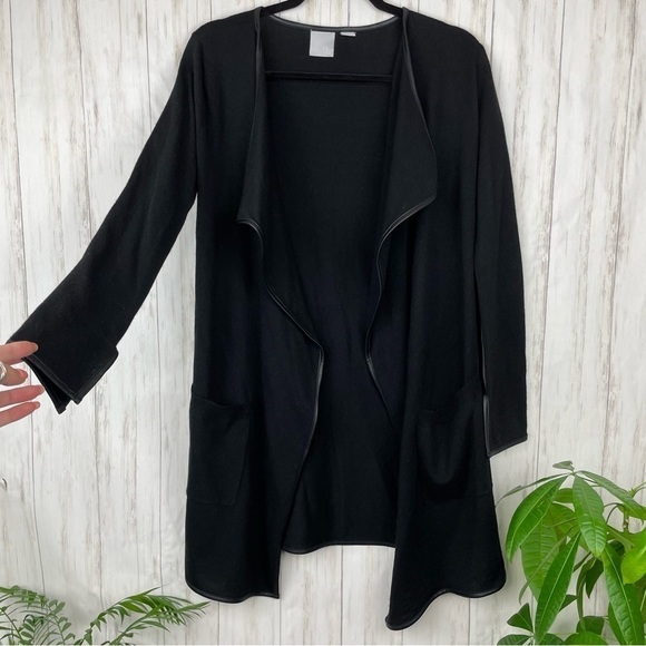 Zero Degrees Celsius black with faux leather trim asymmetrical cardigan - Picture 1 of 9
